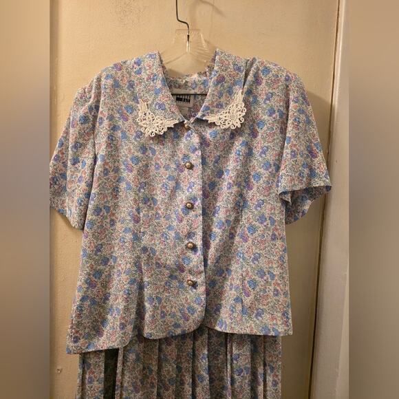 Vtg 80s Floral Print  Two Piece Skirt Set  Peter Pan Collar Ornate Buttons 16 - Picture 3 of 12
